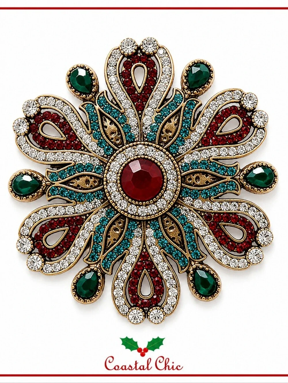 Emerald & Ruby Color Rhinestone Floral Brooch